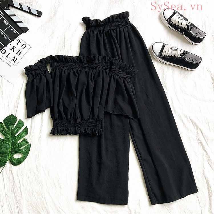 Set áo trễ vai và quần ống rộng kiểu dáng thời trang cho nữ