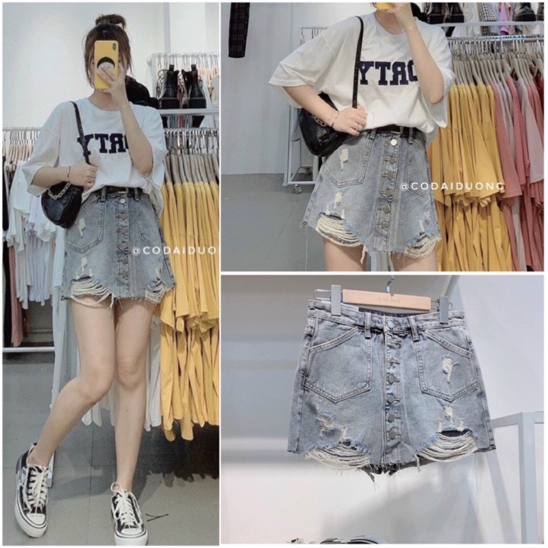[SIÊU HOT] Chân Váy Bò 6 Rách Khuy - Chân Váy Jeans Dáng A Rách Gấu Hot Hit | BigBuy360 - bigbuy360.vn
