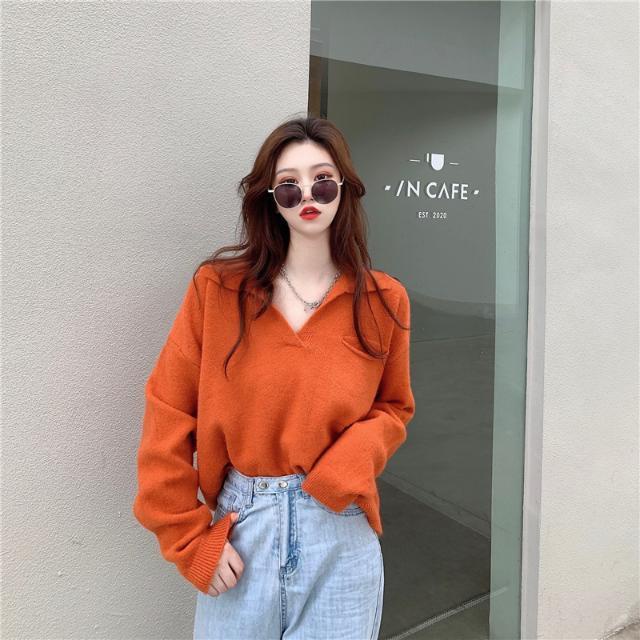 Áo Len Nữ Dài Tay Cổ Chữ v Form Rộng Màu Cam Phong Cách Retro Mới