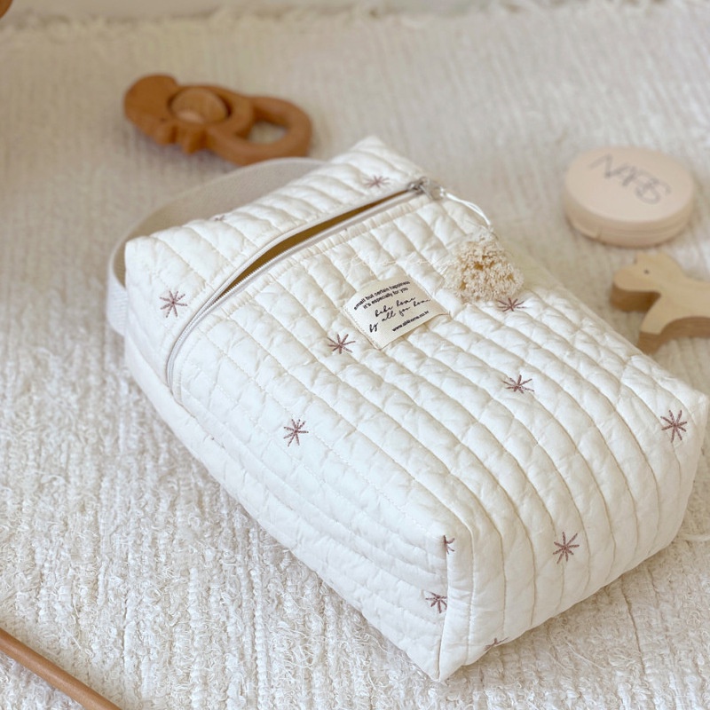Túi Đựng Tã Lót Vải Cotton Nguyên Chất Thêu Họa Tiết Có Khóa Kéo Treo Xe Đẩy Em Bé Phong Cách Hàn Quốc Mới