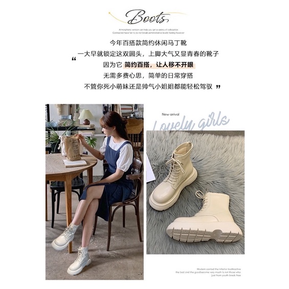 Bốt nữ bốt đế bánh mỳ mũi tròn trơn hai màu đen trắng be