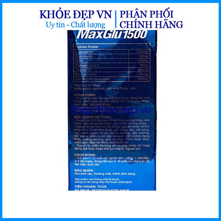 Viên uống xương khớp Maxglu 1500 ngăn ngừa thóa hóa xương khớp, giảm đau xương khớp - Lọ 60 viên