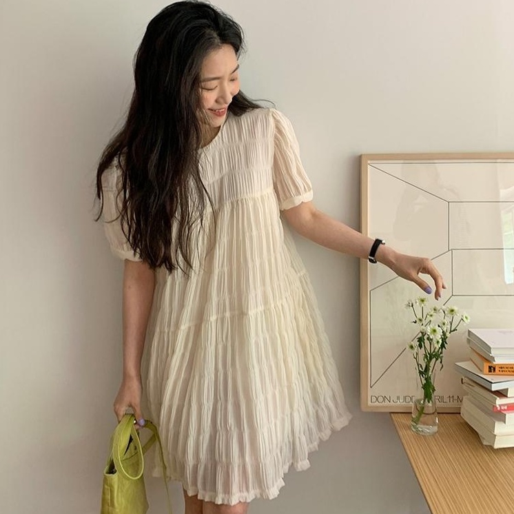 Đầm Tay Phồng Cổ Tròn Xếp Ly Dáng Rộng Thời Trang Sang Trọng 49871