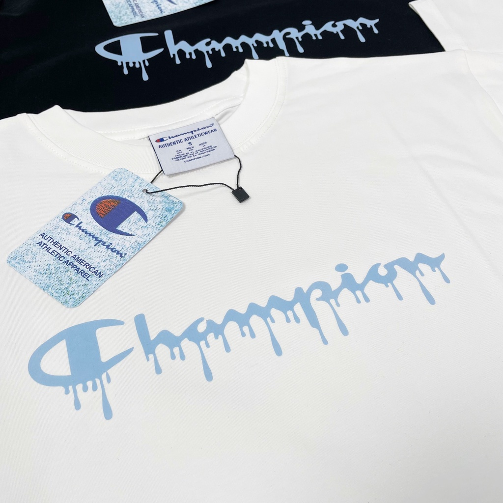 Áo thun Champion Unisex tay lỡ nam nữ Logo in chữ chảy màu Phong Shop