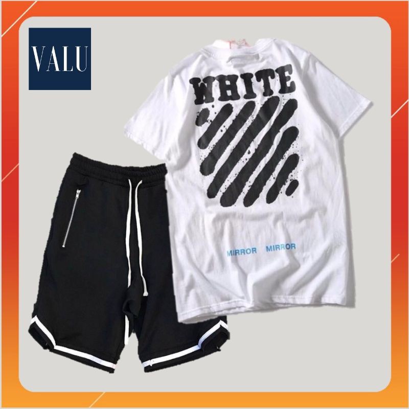 COMBO (Quần short 1V + Áo thun OW trắng đen tay lỡ form rộng unisex) - Quần short nam nữ vải thun thể thao | Valu Store