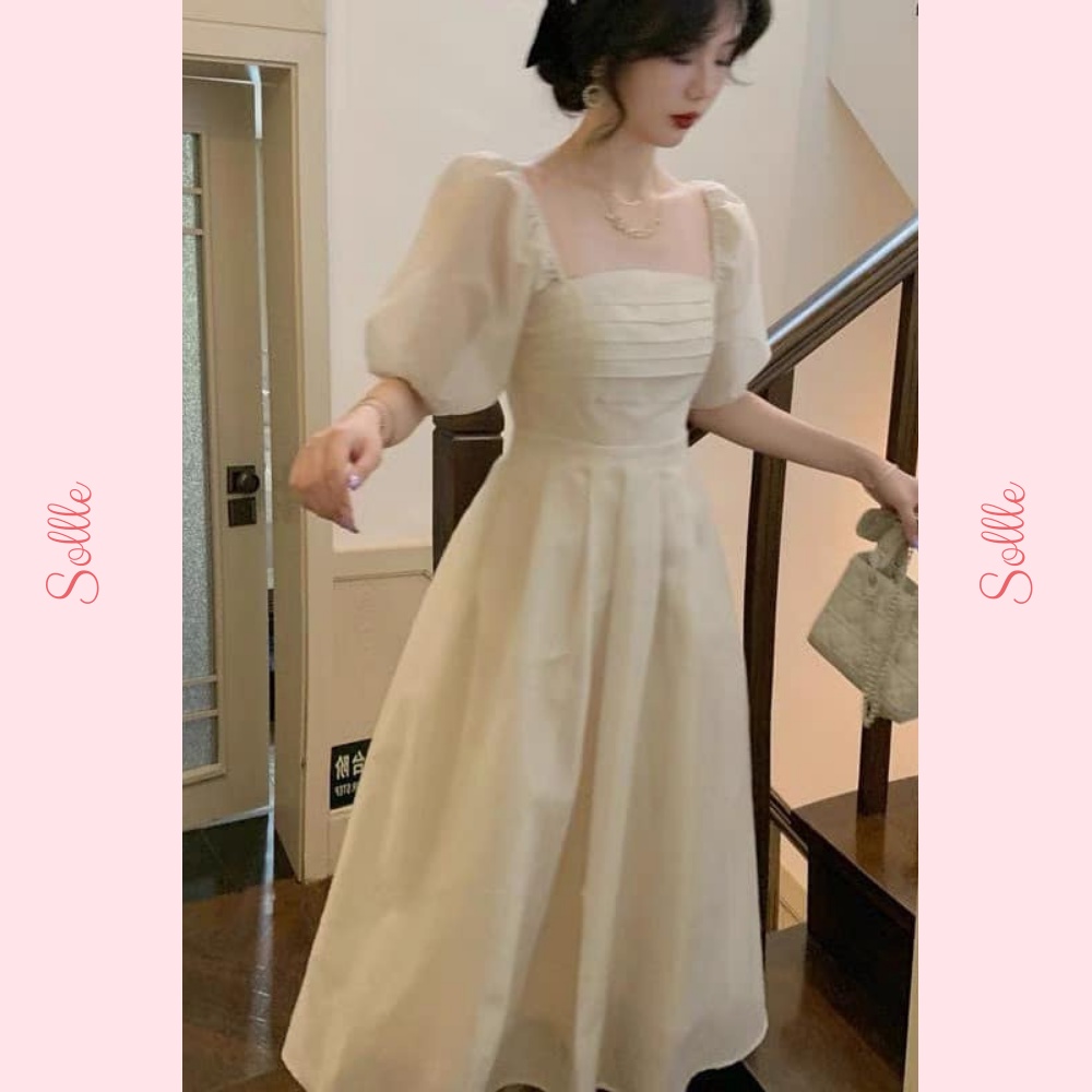 Đầm váy 2 lớp dáng dài xòe voan tơ xếp li ngực tay bồng màu be nude Hàn Quốc tiểu thư Sollle