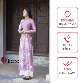 Áo dài thống màu tím họa tiết hoa, chất liệu lụa thượng hải co giãn form ôm tôn dáng Fkaro MT105