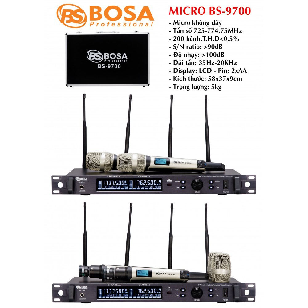 Micro Không Dây Karaoke 4 sóng Bosa BS9700 - Tặng kèm Chống Lăn