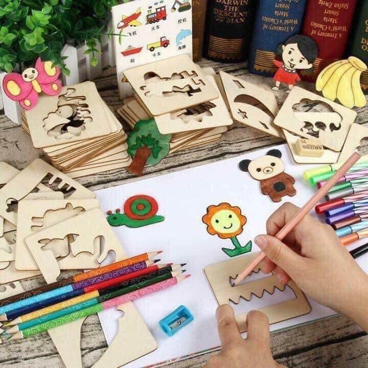 bộ 50 khuôn vẽ bằng gỗ các hình cho bé tô màu [tặng kèm 12 bút màu+bút chì+tẩy+gọt bút chì]