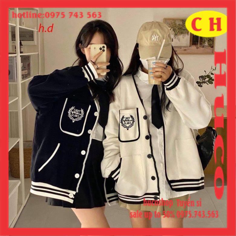 Áo Khoác cadigan Nữ viền THESE chất nỉ tàu dài tay style hàn quốc form thụng tay bồng cánh rơi - Áo bomber nỉ tàu