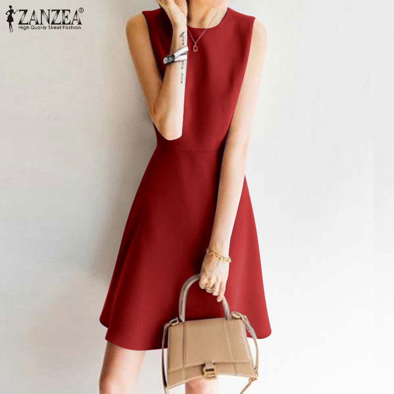 Zanzea Đầm Midi Không Tay Cổ Tròn Thời Trang Vintage Cho Nữ