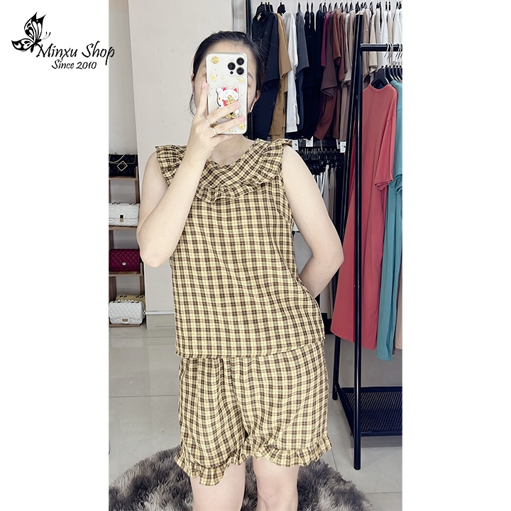 Bộ ngủ nữ kẻ caro áo cộc quần đùi, bộ mặc nhà sát nách chất đũi mềm thoáng mát thấm hút mồ hôi Minxu Shop AF