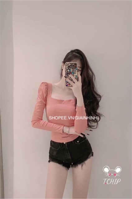 Áo phông cổ vuông dài tay dáng croptop, Áo thun form ngắn bồng vai CS6065 - NhiNhi Shop