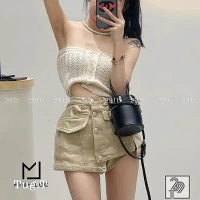 Chân váy bò nhiều khuy lệch nắp túi gân Quảng châu cao cấp A019