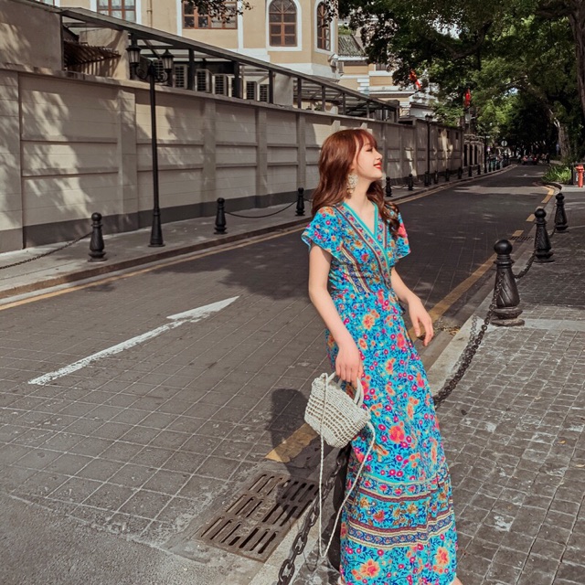 (S-XXL bigsize ) Đầm váy Vintage thổ cẩm Boho cổ V thắt eo | BigBuy360 - bigbuy360.vn