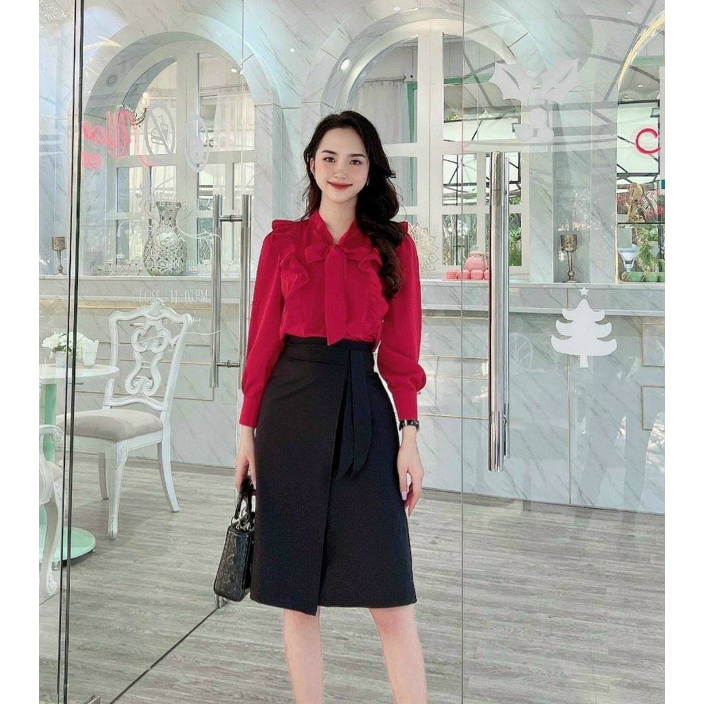 Áo sơ mi nữ lụa trơn dài tay cao cấp công sở thiết kế nơ cổ bèo vai tay bồng thanh lịch, áo sơ mi thiết kế MQ Boutique