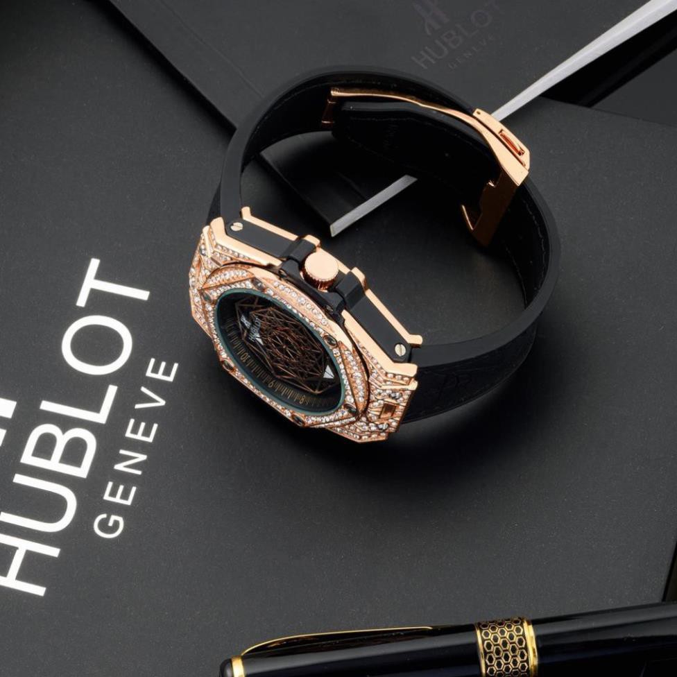 Đồng hồ nam Hublot mặt tròn size 42- đa giác đính đá, dây da chống nước DH604  shop105