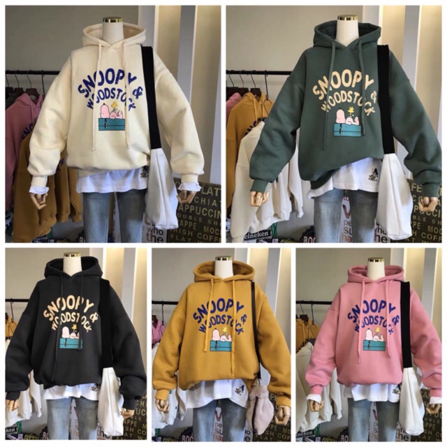 Áo hoodie vải nỉ lót bông dày dặn Snoopy