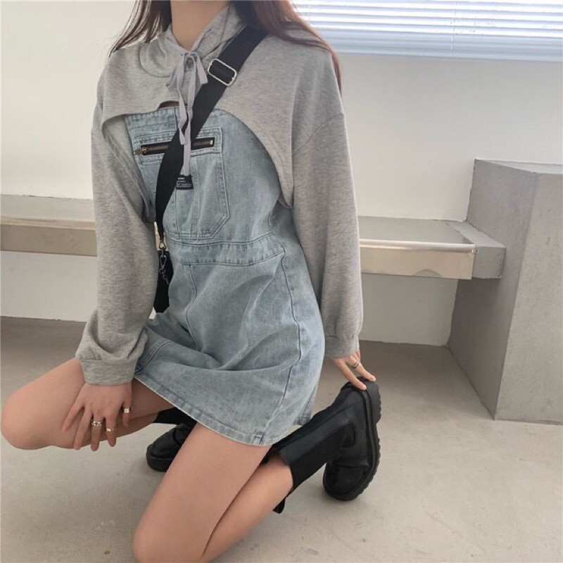 Set áo dài tay cutout + váy yếm jeans (denim) hai dây điều chỉnh ulzzang [Yannie]