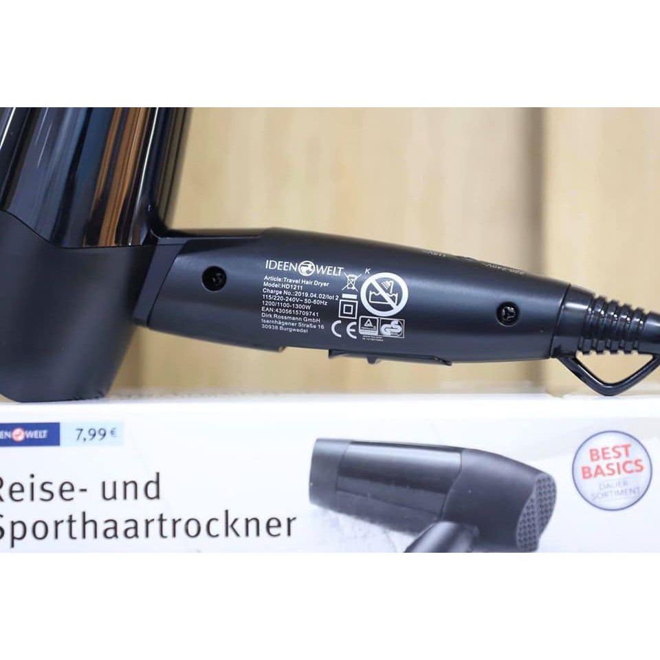Máy sấy tóc mini Rossmann Ideen Welt RCY, máy sấy tóc hàng nội địa Đức chính hãng
