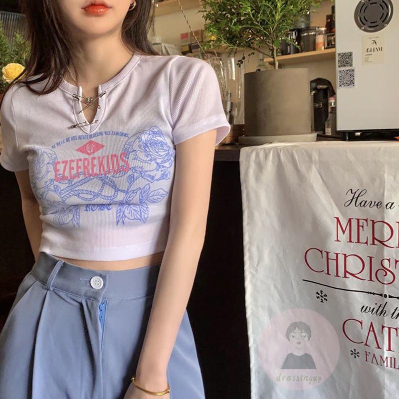 Áo Thun Nữ Ngắn Tay Họa Tiết Hoa Thời Trang Mùa Hè Màu Đen/Trắng