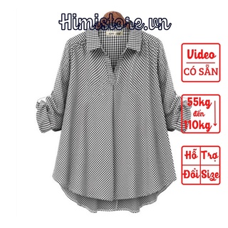 [CÓ SẴN] ÁO SƠ MI KIỂU BIGSIZE NỮ FORM RỘNG CỔ BẺ TAY XOẮN NỀN CARO TRẮNG ĐEN - HIMISTORE - HM365