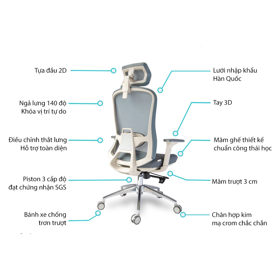 Ghế công thái học Nghia Furniture Ergonomic Trend H - ngả sâu 140 độ, full tính năng, lưới Hàn Quốc cao cấp