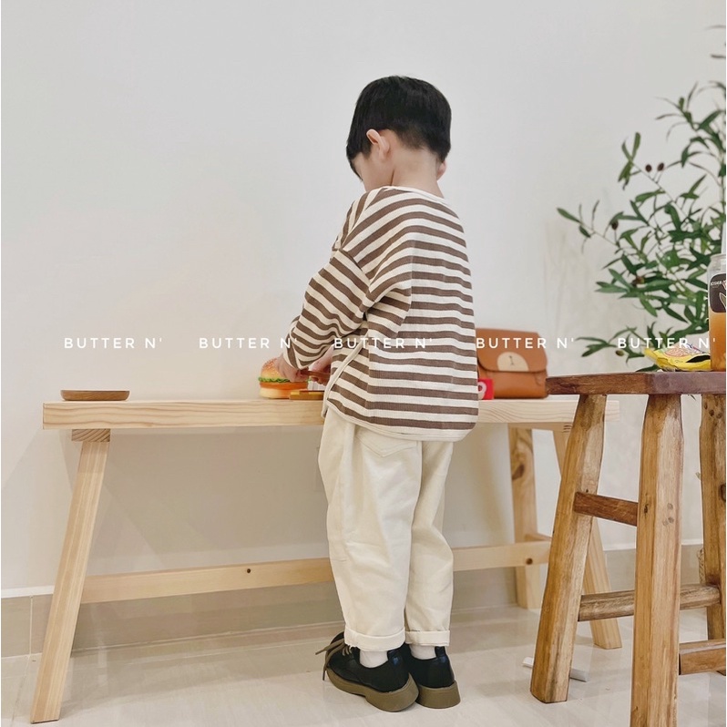 Áo Len Mỏng Dáng Rộng Kẻ Nâu Nhạt Cho Bé