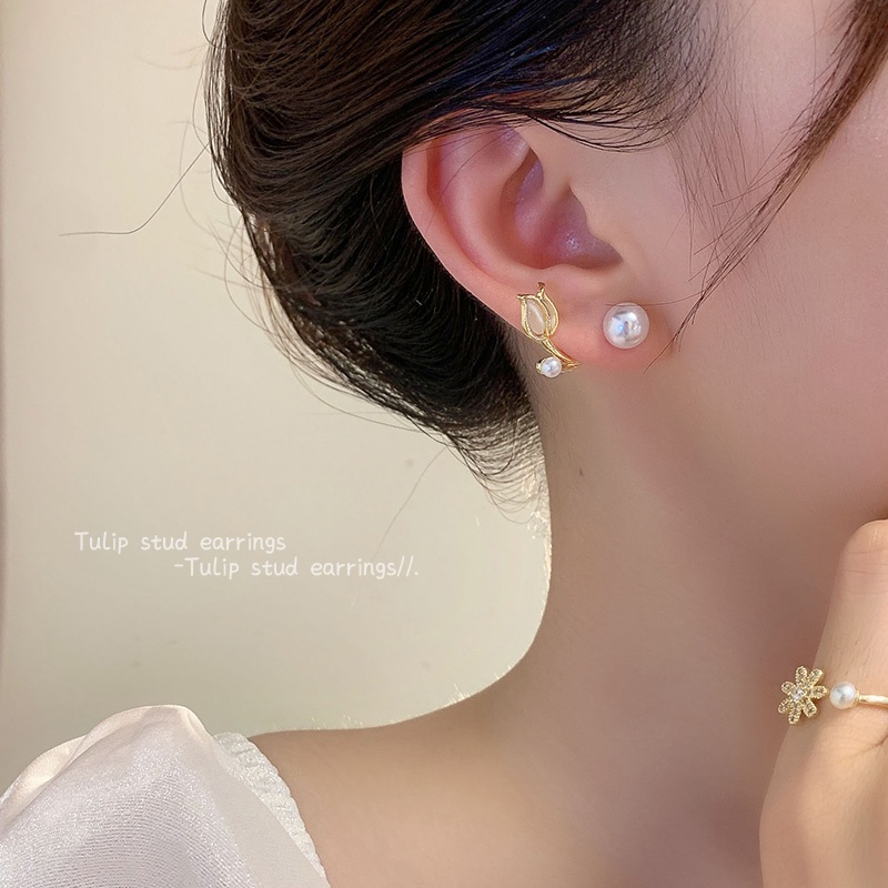 MOCHASHUKhuyên tai hình hoa tulip đính ngọc trai nhân tạo phong cách Hàn Quốc mới mẻ thanh lịch dành cho bạn nữ