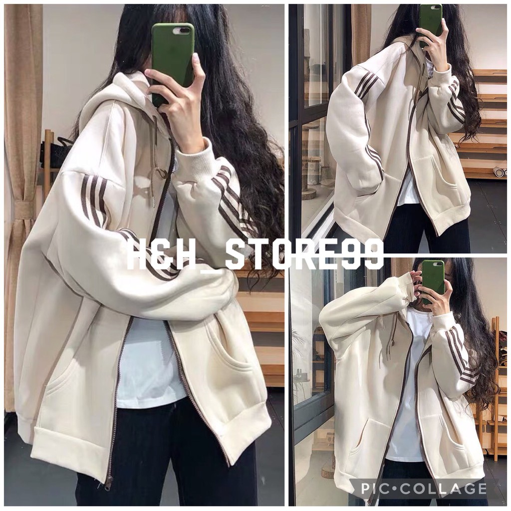 Áo khoác nam nữ thể thao ulzzang 3 sọc màu be? Áo sweater hoodie nỉ bông kiểu dáng thể thao form rộng unisex trơn basic