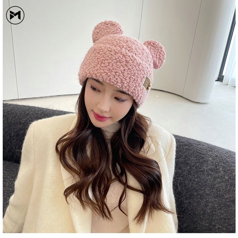 Mũ Len Dệt Kim Đính Tai Gấu Dễ Thương Phong Cách Hàn Quốc Cho Bé