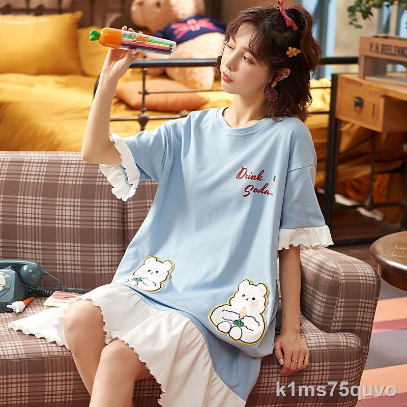 sleep Váy] Váy ngủ, pijama nữ, tay ngắn, giản dị, dễ thương, học sinh, phóng khoáng, bà bầu có thể mặc ở nhà bê