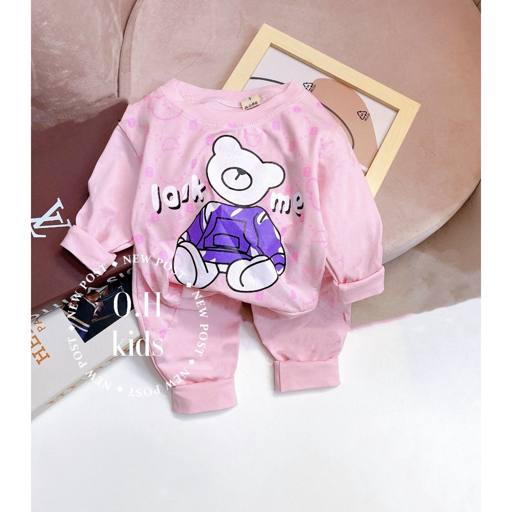 Bộ dài tay cho bé cotton thu đông, co dãn 4 chiều cho bé gái hình Gấu K034