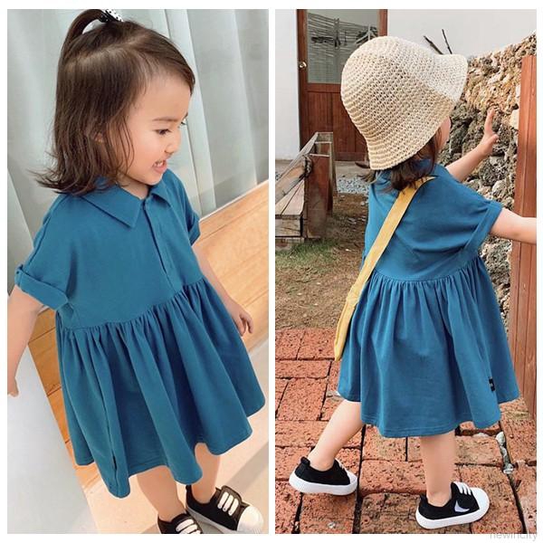 Đầm xòe tay ngắn cổ bẻ phối nút phong cách Hàn Quốc thời trang xinh xắn cho bé gái