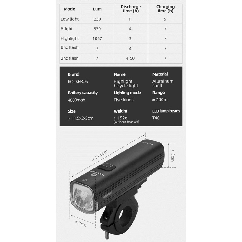 Đèn trước xe đạp Rockbros R3-1000 siêu sáng 1000 Lumen Pin 4800mAh Chống nước Sạc USB