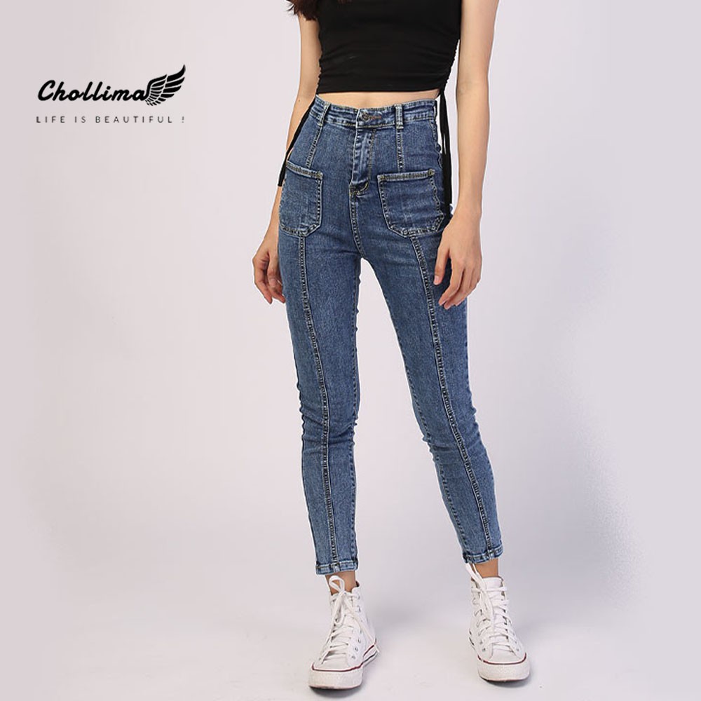 Quần jeans dài nữ co giãn Chollima cạp siêu cao đắp 2 túi vuông QD004 phong cách trẻ trung năng động