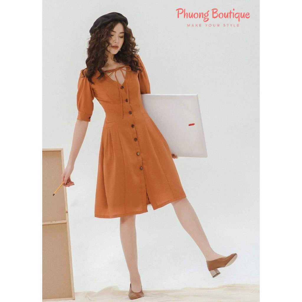 03VD210: Đầm tay phồng phối nút