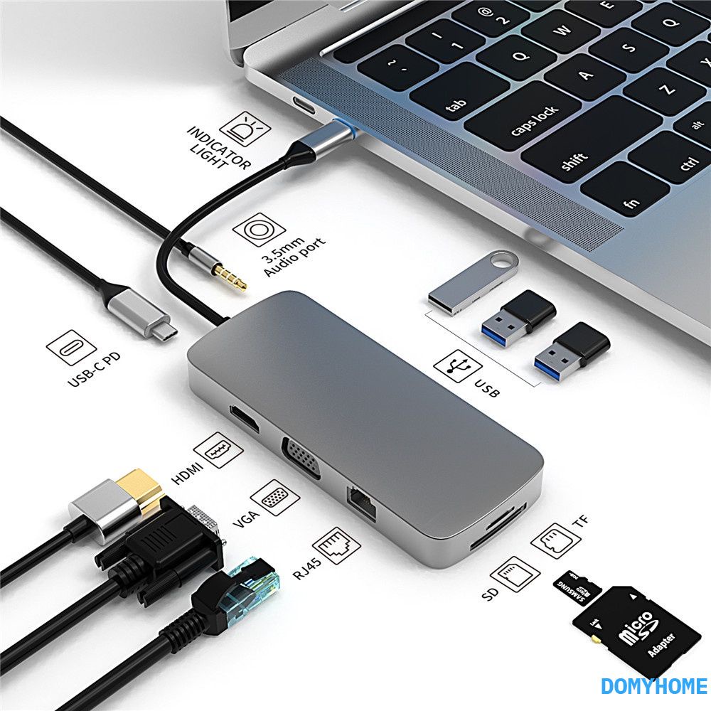 Bộ Chuyển Đổi Hub Type C Usb 3.0 4k Hdmi Sang Vga Rj45 10 Trong 1 Cho Macbook Pro Hub Thunderbolt 3 Domyhome