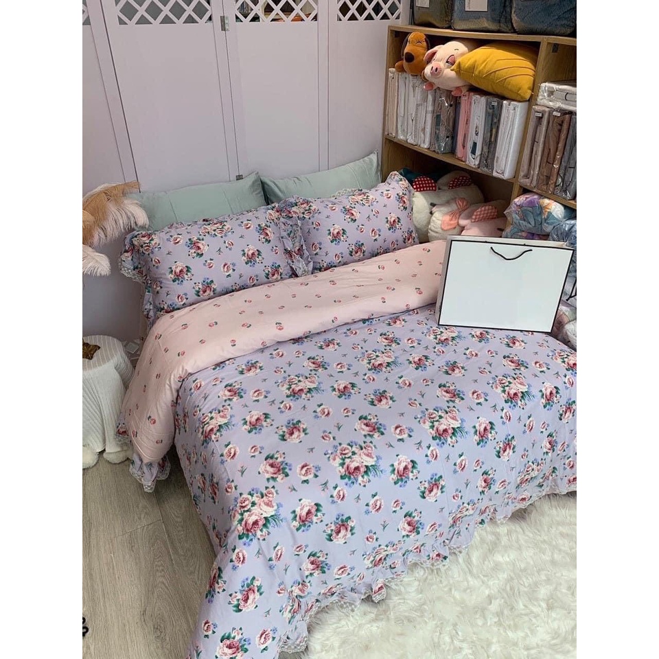 BỘ CHĂN GA GỐI COTTON LỤA BÈO REN CAO CẤP - PHONG CÁCH HÀN QUỐC