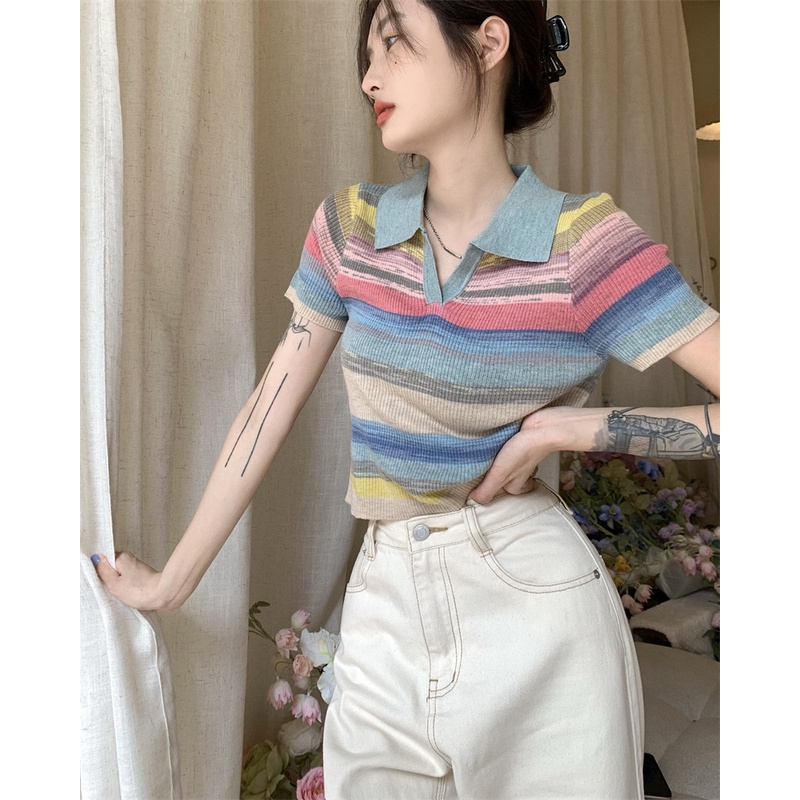 Áo Dệt Kim Cổ POLO Kẻ Sọc Cầu Vồng Tương Phản Hàn Quốc