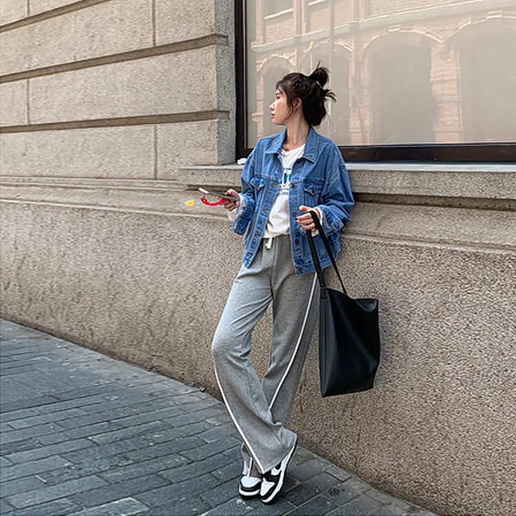 Quần thể thao ống rộng lưng cao phối dây rút phong cách Hàn Quốc thời trang xuân thu mới cho nữ