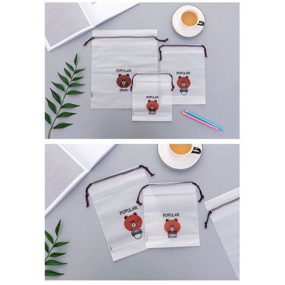 Túi đựng đồ dùng cá nhân, túi đựng dây rút tiện lợi, chống thấm nước in hình gấu brown, mèo dễ thương - 10192