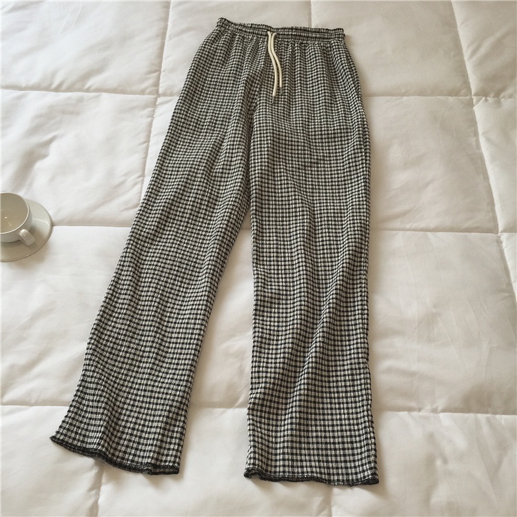 SUXI Quần Dài Lưng Cao Ống Rộng Họa Tiết Sọc Caro Phong Cách Vintage