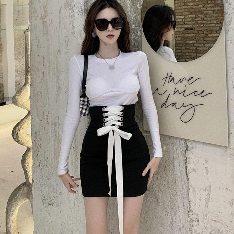 Set áo tay dài cổ tròn và váy bó buộc dây gợi cảm cho nữ