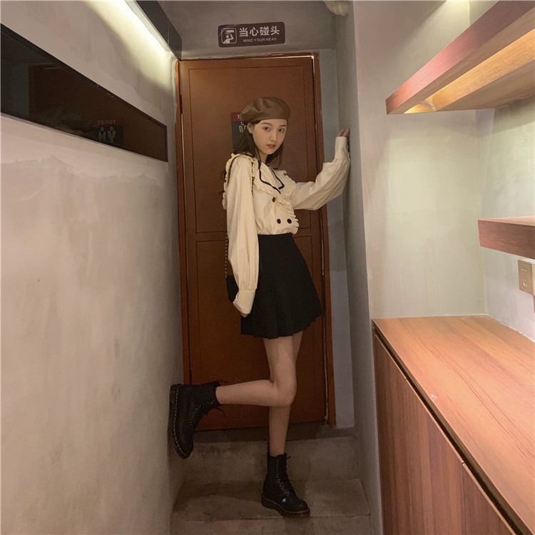 Áo Sơ Mi Tay Dài Cổ Búp Bê Phối Hai Hàng Nút Phong Cách Hàn Quốc Thời Trang Mùa Thu Cho Nữ 2021