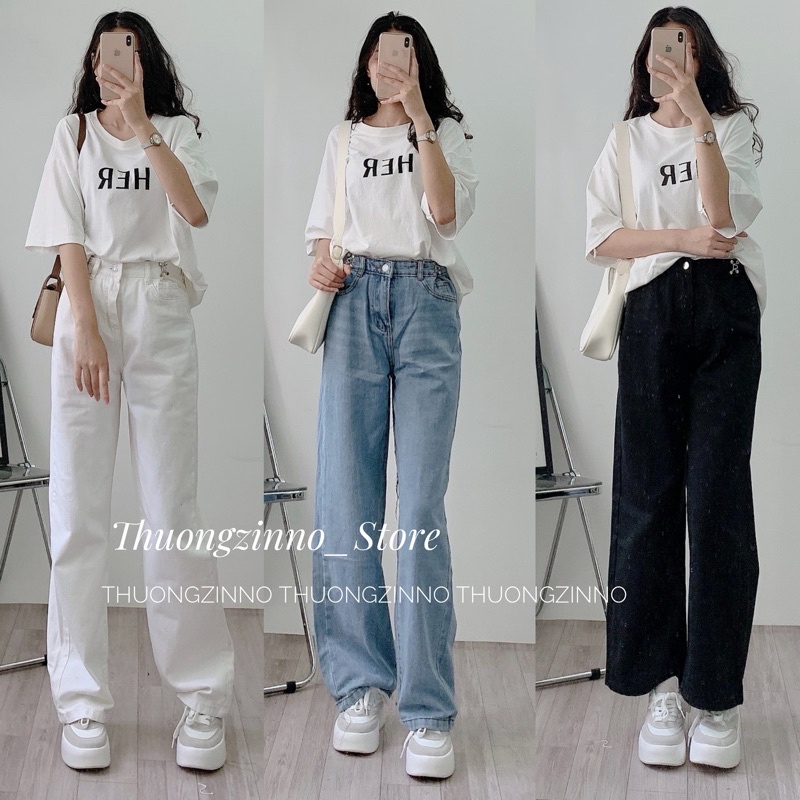 QUẦN JEAN ỐNG SUÔNG NẸP GÀI EO Phong cách Hàn Quốc trẻ trung