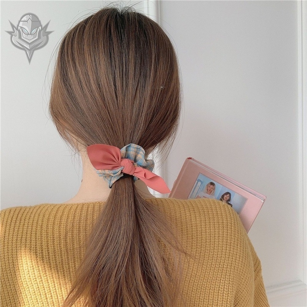 Dây cột tóc cao su phối vải họa tiết sọc caro đơn giản cho nữ