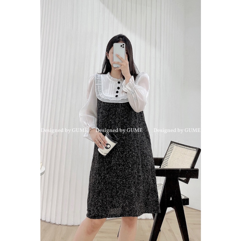 Váy bầu bigsize 40-100kg Vải dạ tăm cao cấp 2 lớp ĐỎ/ĐEN phối organza trắng, cổ bèo đính ngọc MB201)