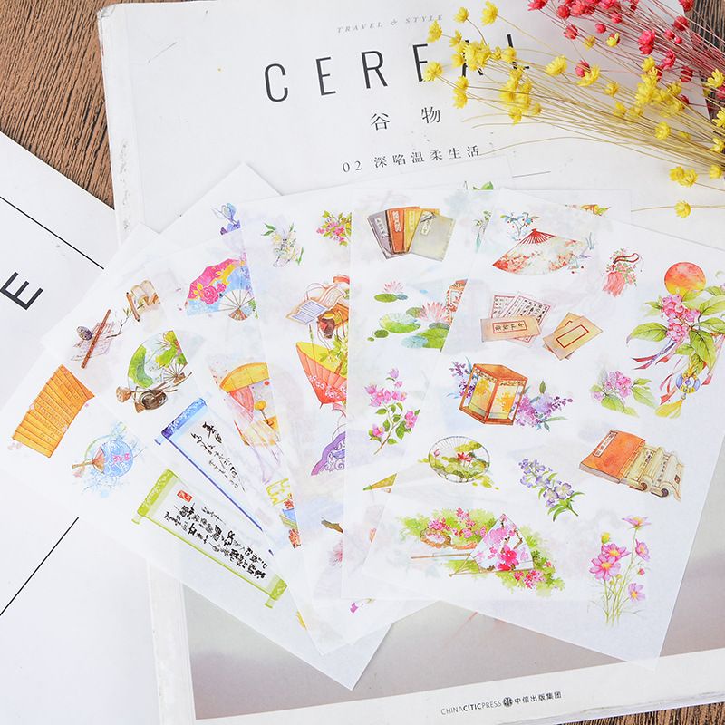 Set 6 tờ sticker cổ phong, cổ trang, thiếu nữ, mỹ nam, phong cảnh cổ đại Sticker washi trang trí handmade DIY