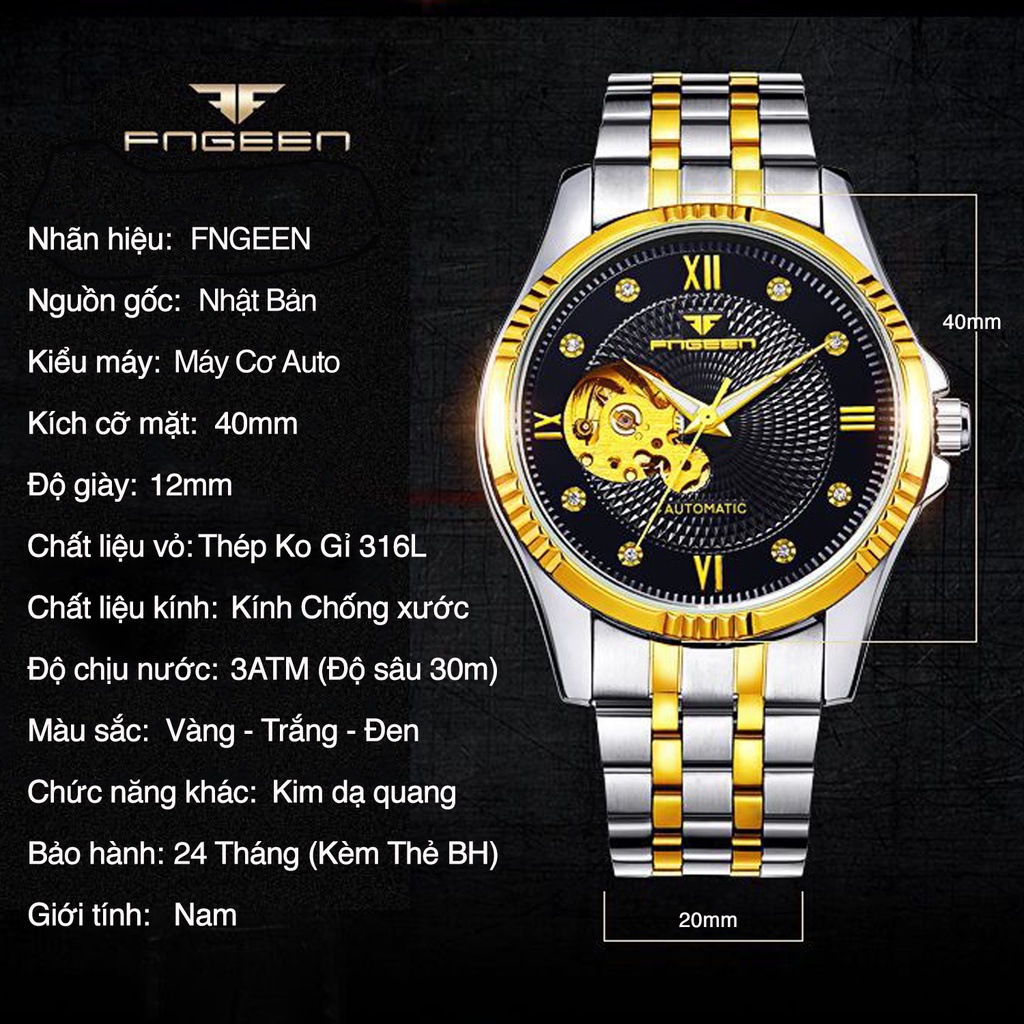 Đồng Hồ Cơ Nam Fngeen Automatic Lộ Tim Cơ Dây Kim Loại Đồng Hồ Cơ Nam Chống Nước Dây Demi - DONGHO AUTOMATIC